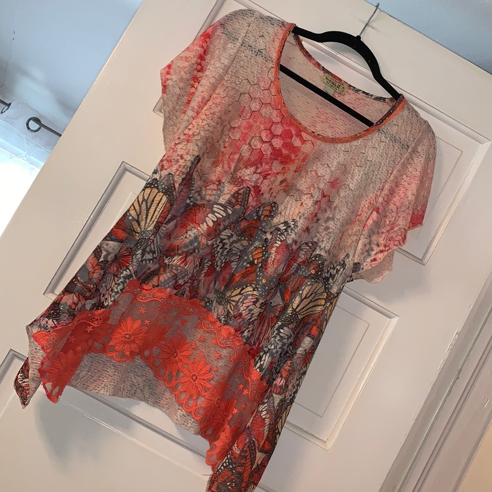 Small One World Flowy Monarch Butterfly Blouse short sleeve shirt top